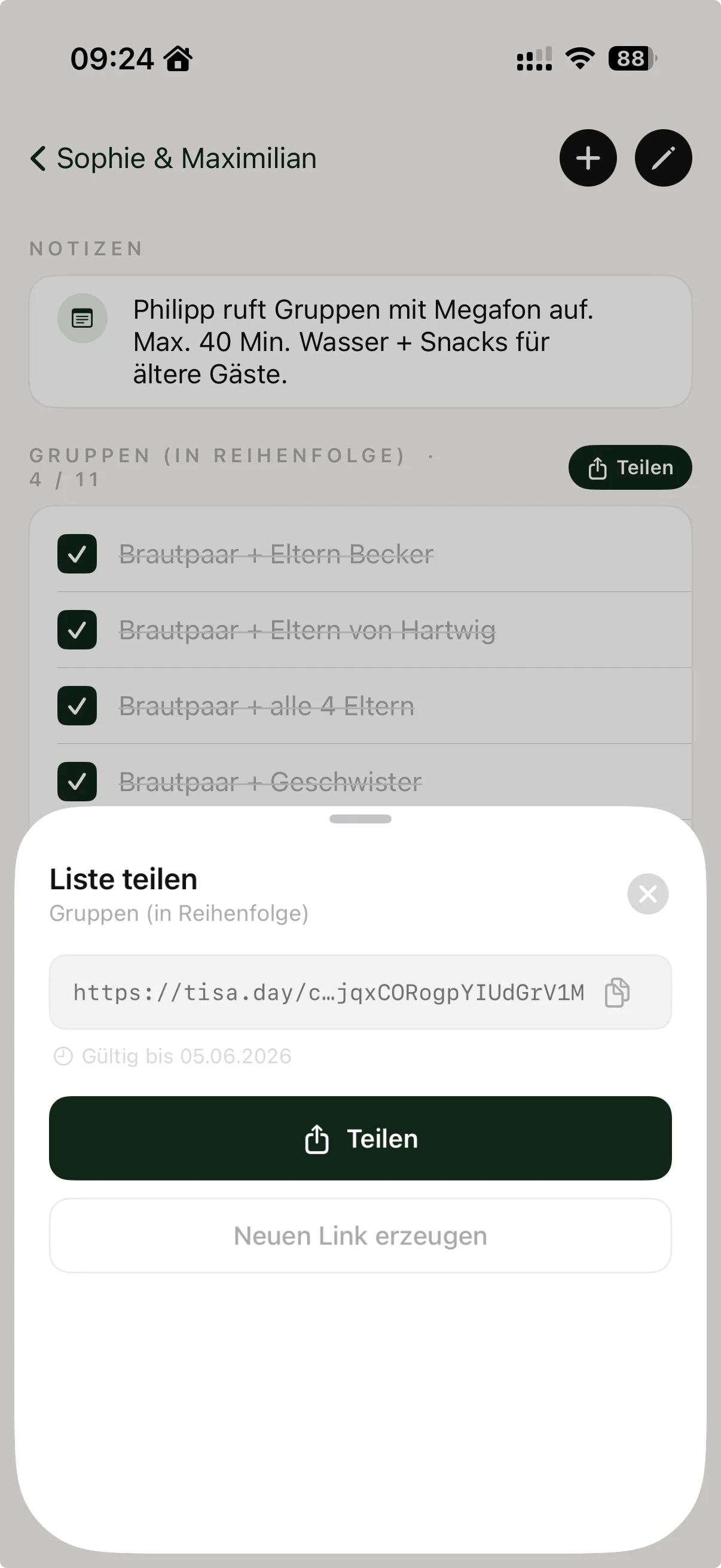Planer teilt die Liste in der tisa-App